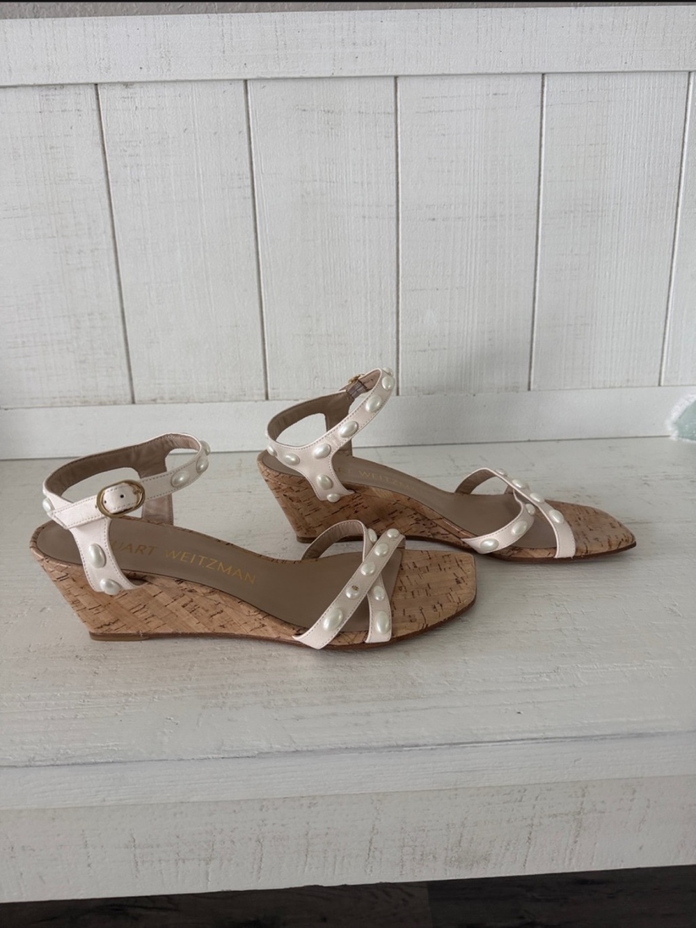Stuart Weitzman Pearl-Accent Ivory Cork Sandals